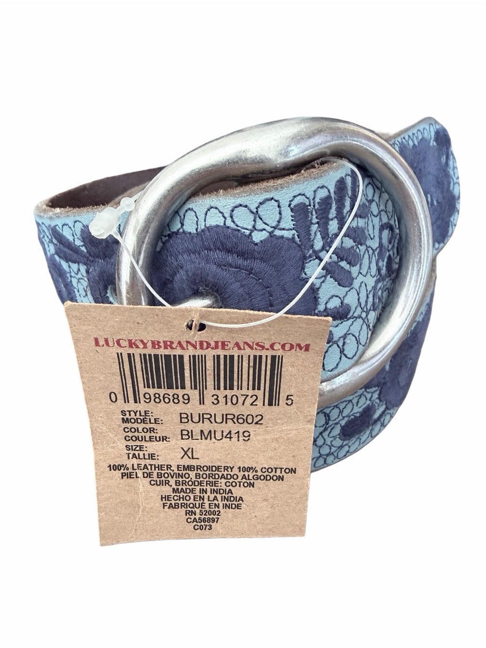 Lucky Brand NWTs Blue Leather Embroidered Floral Belt size XL